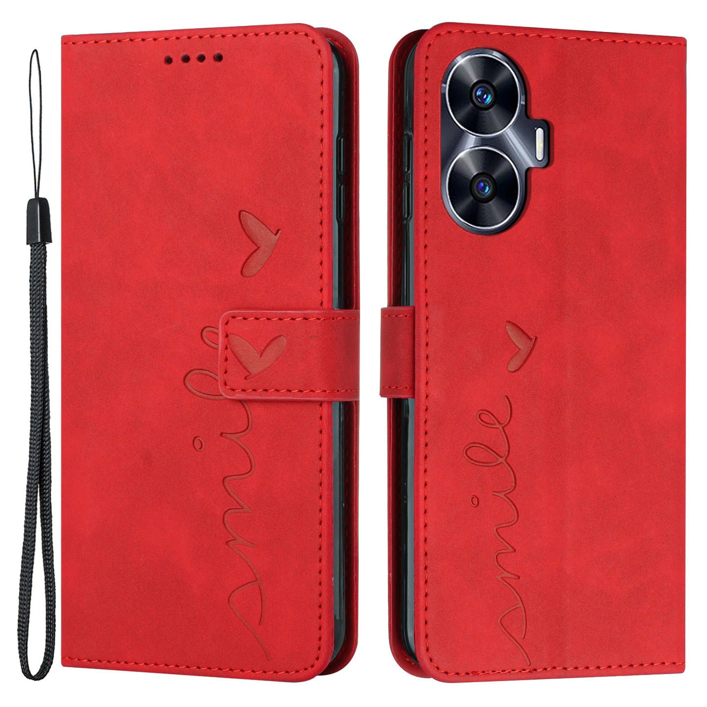 Leather Phone Case for Realme C55 Skin-touch Feeling Stand Imprinted Heart Wallet Phone Cover - Red