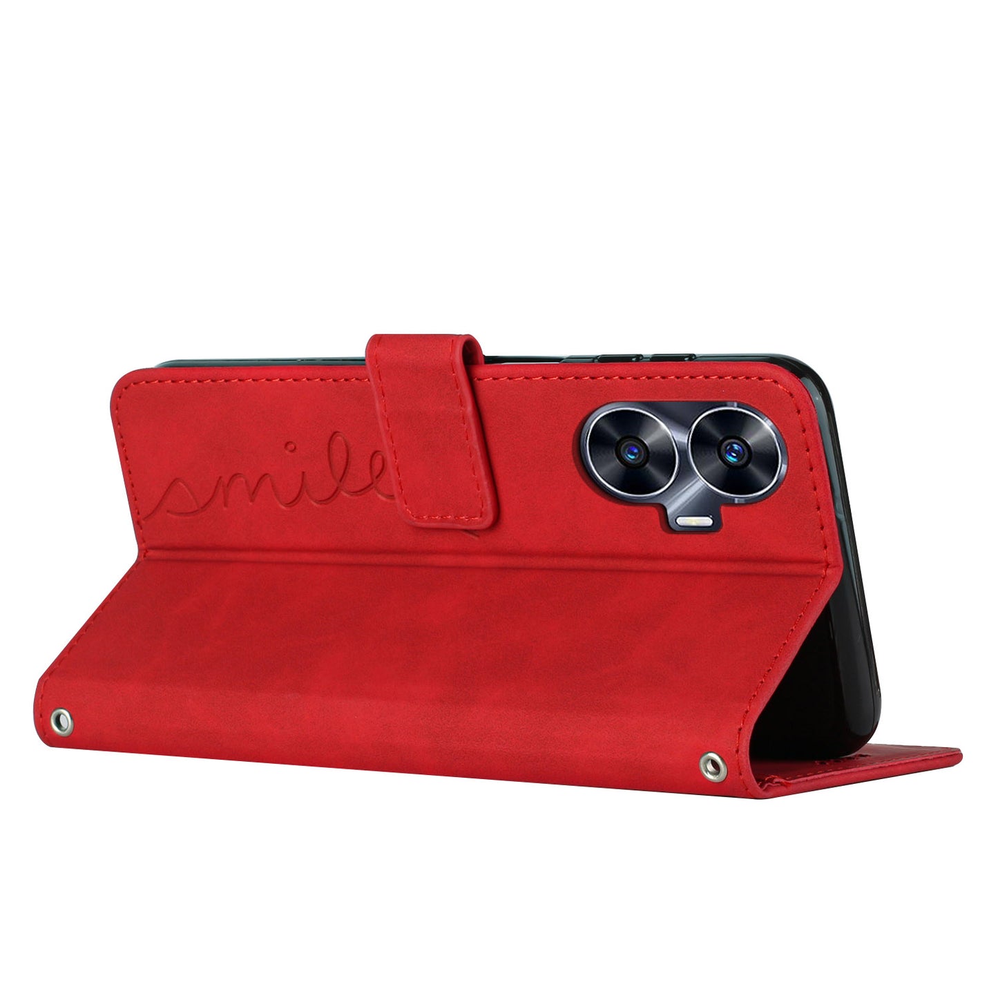 Leather Phone Case for Realme C55 Skin-touch Feeling Stand Imprinted Heart Wallet Phone Cover - Red