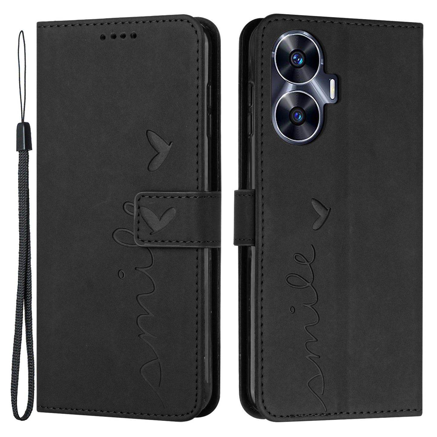 Leather Phone Case for Realme C55 Skin-touch Feeling Stand Imprinted Heart Wallet Phone Cover - Black