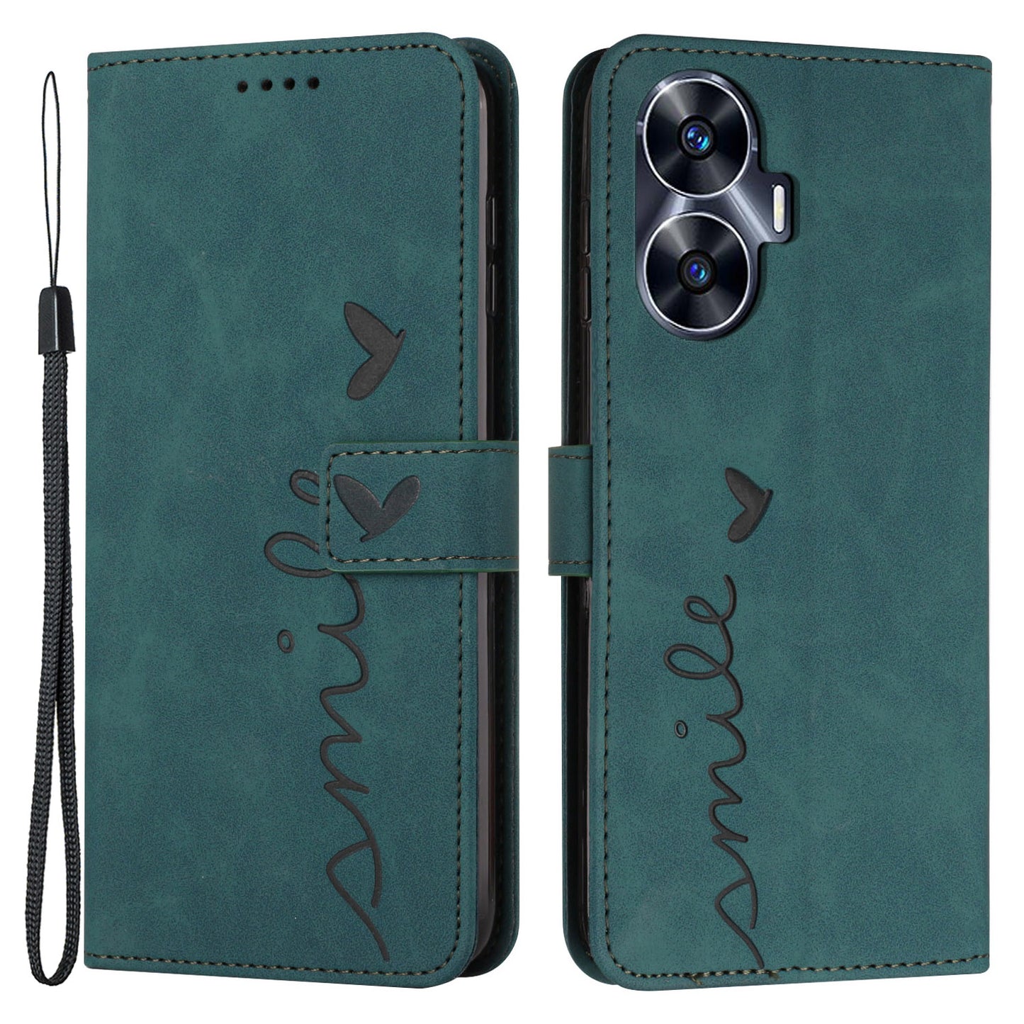 Leather Phone Case for Realme C55 Skin-touch Feeling Stand Imprinted Heart Wallet Phone Cover - Green