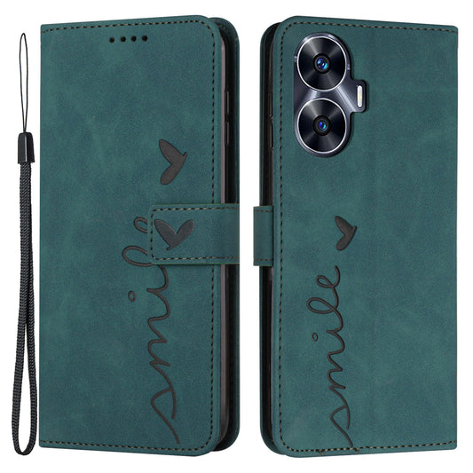 Leather Phone Case for Realme C55 Skin-touch Feeling Stand Imprinted Heart Wallet Phone Cover - Green