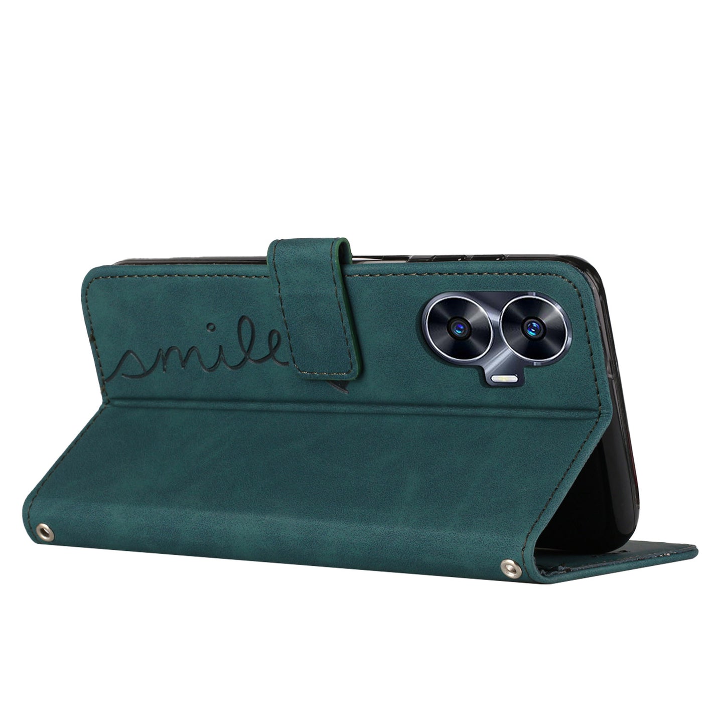 Leather Phone Case for Realme C55 Skin-touch Feeling Stand Imprinted Heart Wallet Phone Cover - Green