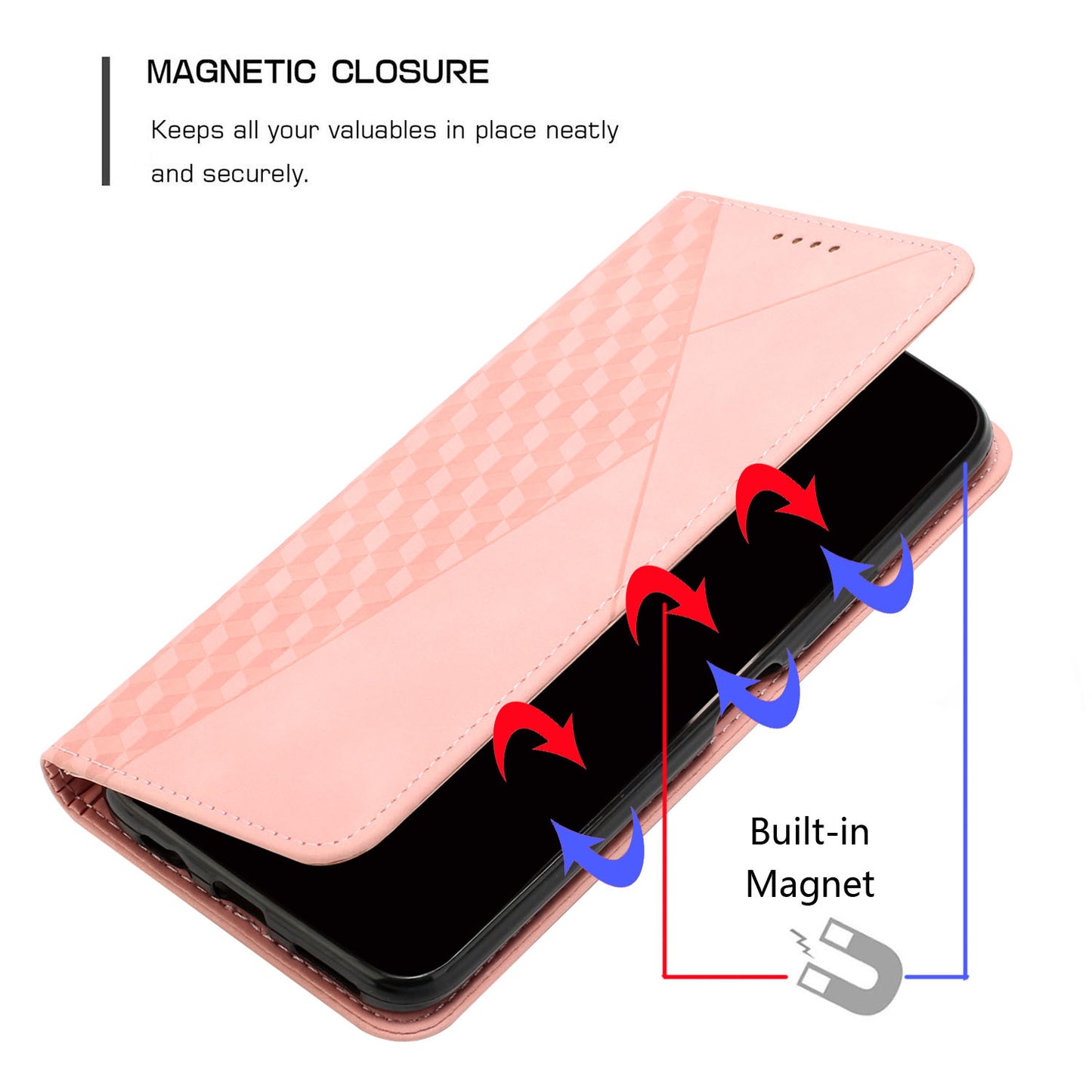 Uniqkart for Oppo Reno10 5G Scratch Proof Imprinted Rhombus Leather Case Phone Stand Wallet Cover - Rose Gold