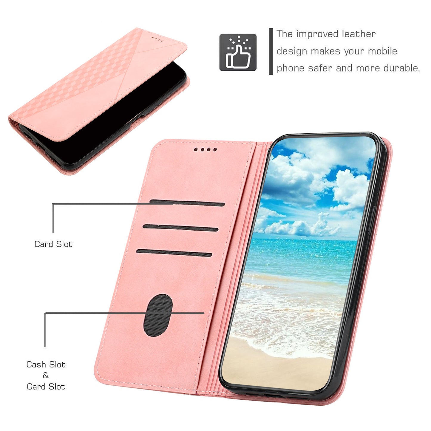 Uniqkart for Oppo Reno10 5G Scratch Proof Imprinted Rhombus Leather Case Phone Stand Wallet Cover - Rose Gold