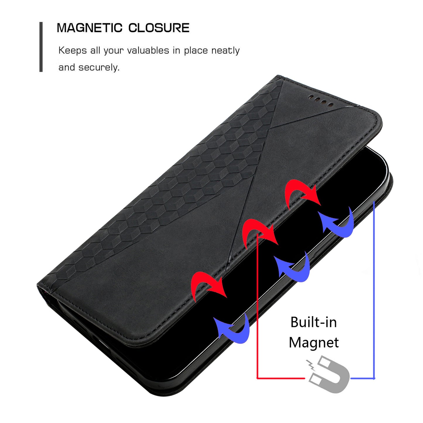Uniqkart for Oppo Reno10 5G Scratch Proof Imprinted Rhombus Leather Case Phone Stand Wallet Cover - Black