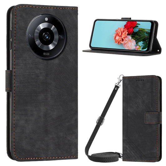 Flip Case for Realme 11 Pro 5G / 11 Pro+ 5G Lines Imprinted Stand Wallet Leather Cover with Shoulder Strap - Black