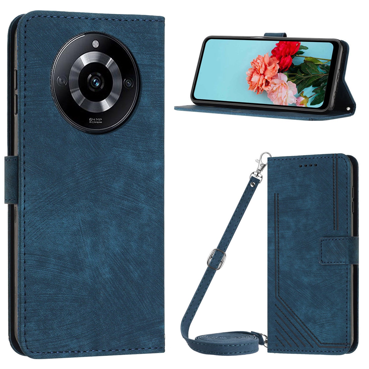 Flip Case for Realme 11 Pro 5G / 11 Pro+ 5G Lines Imprinted Stand Wallet Leather Cover with Strap - Sapphire