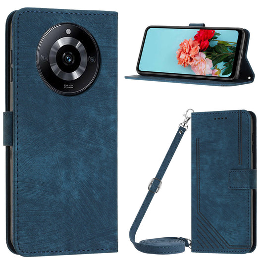 Flip Case for Realme 11 Pro 5G / 11 Pro+ 5G Lines Imprinted Stand Wallet Leather Cover with Strap - Sapphire
