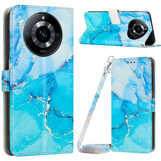 Phone Wallet for Realme 11 5G PU Leather Case Marble Pattern Stand Cover with Shoulder Strap - Blue  /  Green
