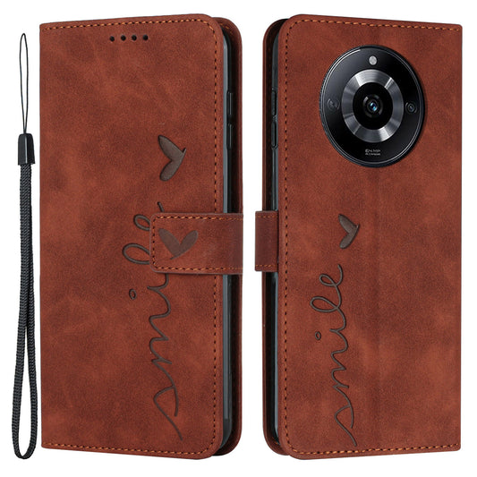 Uniqkart for Realme 11 5G Drop Proof Leather Phone Case Stand Imprinted Heart Wallet Skin-touch Cover - Brown