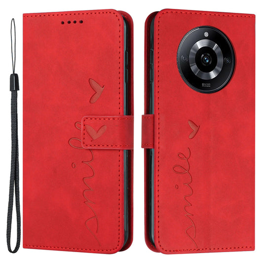 Uniqkart for Realme 11 5G Drop Proof Leather Phone Case Stand Imprinted Heart Wallet Skin-touch Cover - Red