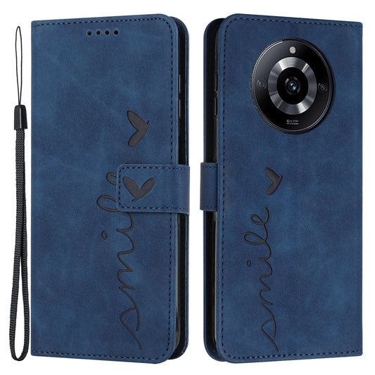 Uniqkart for Realme 11 5G Drop Proof Leather Phone Case Stand Imprinted Heart Wallet Skin-touch Cover - Sapphire