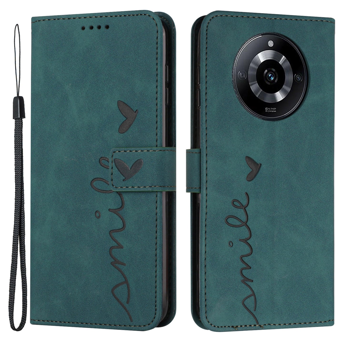 Uniqkart for Realme 11 5G Drop Proof Leather Phone Case Stand Imprinted Heart Wallet Skin-touch Cover - Green