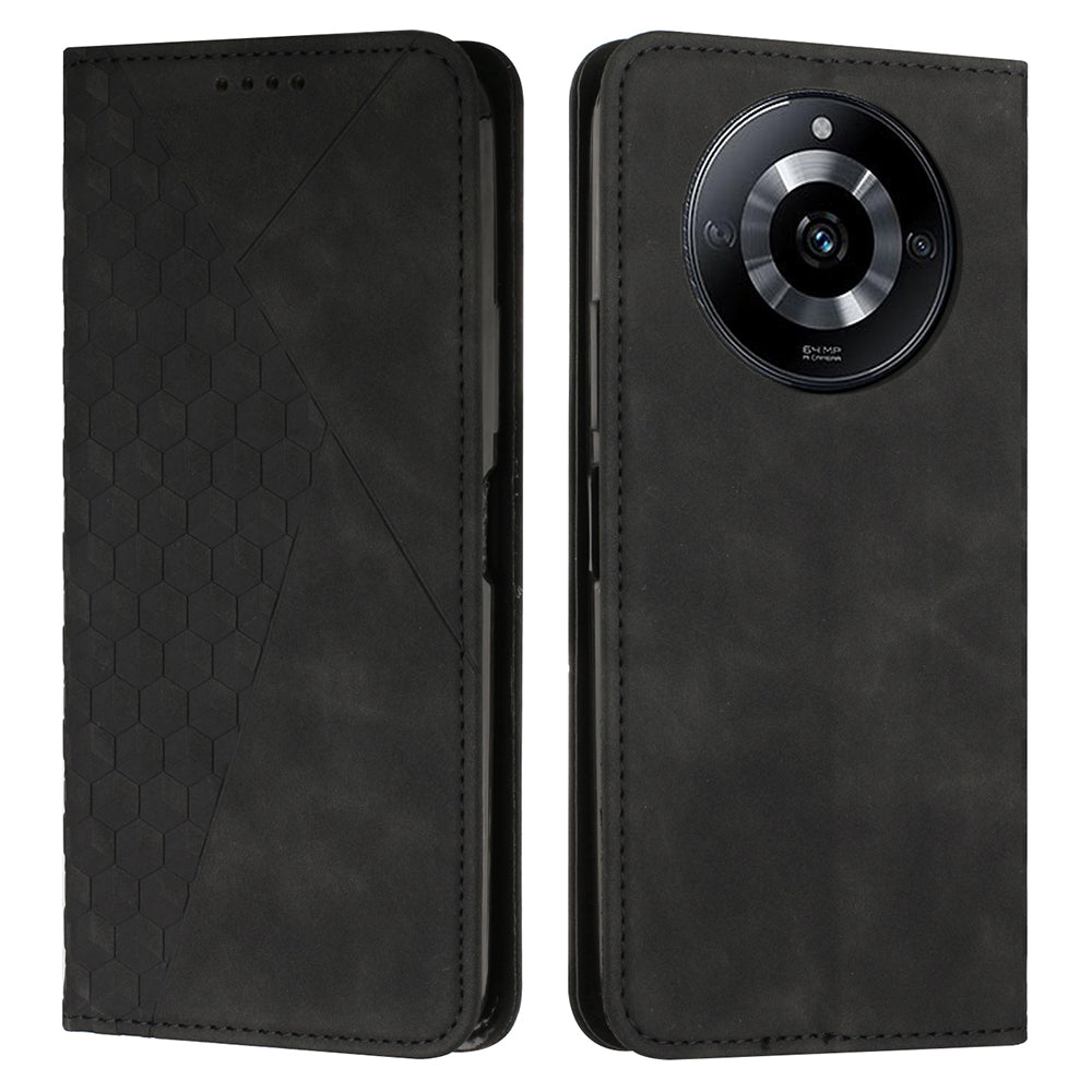 Uniqkart for Realme 11 5G Imprinted Rhombus Leather Case Phone Stand Wallet Skin-touch Cover - Black
