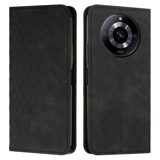 Uniqkart for Realme 11 5G Imprinted Rhombus Leather Case Phone Stand Wallet Skin-touch Cover - Black