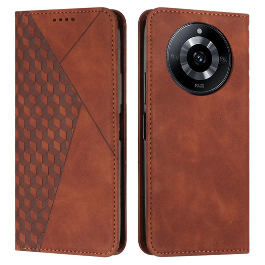 Uniqkart for Realme 11 5G Imprinted Rhombus Leather Case Phone Stand Wallet Skin-touch Cover - Brown