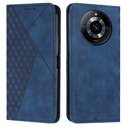 Uniqkart for Realme 11 5G Imprinted Rhombus Leather Case Phone Stand Wallet Skin-touch Cover - Sapphire