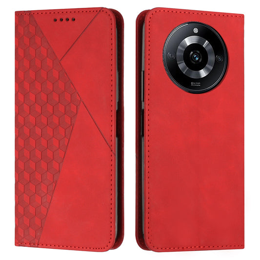 Uniqkart for Realme 11 5G Imprinted Rhombus Leather Case Phone Stand Wallet Skin-touch Cover - Red