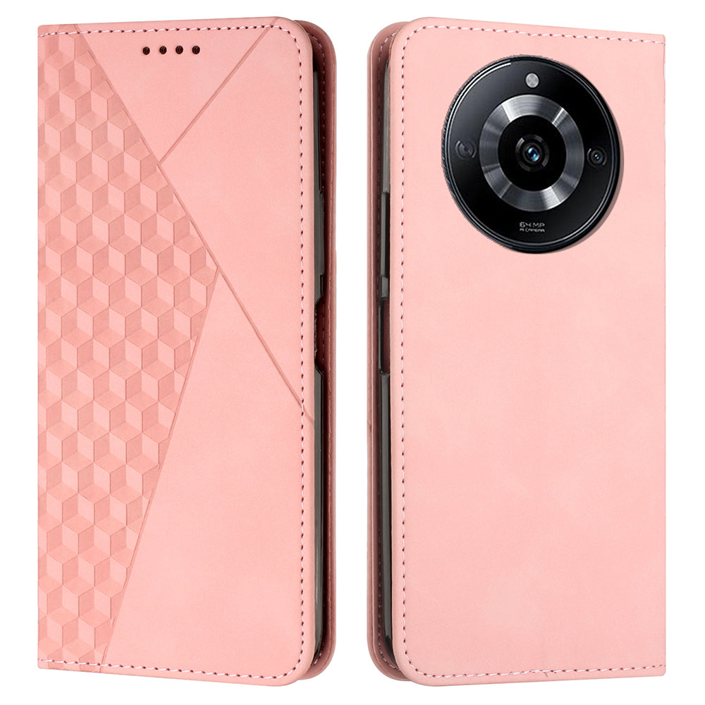 Uniqkart for Realme 11 5G Imprinted Rhombus Leather Case Phone Stand Wallet Skin-touch Cover - Rose Gold