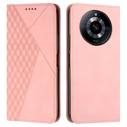 Uniqkart for Realme 11 5G Imprinted Rhombus Leather Case Phone Stand Wallet Skin-touch Cover - Rose Gold