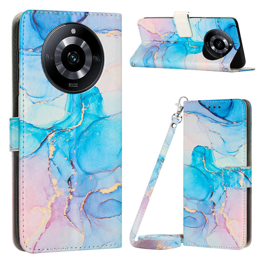 Leather Case for Realme 11 Pro 5G / 11 Pro+ 5G Marble Pattern Phone Wallet Stand Cover with Shoulder Strap - Pink  /  Green