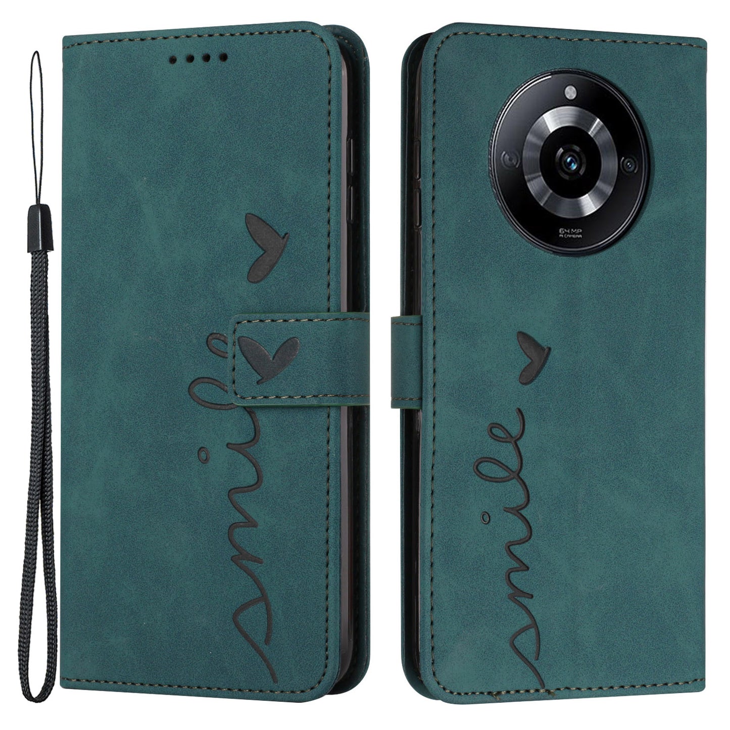 Uniqkart for Realme 11 Pro 5G / 11 Pro+ 5G Leather Phone Case Imprinted Heart Wallet Skin-touch Foldable Stand Cover - Green