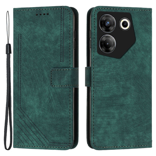 Stand Wallet for Tecno Camon 20 Pro 5G Skin-touch Imprinted Lines Flip Case PU Leather Phone Cover - Green