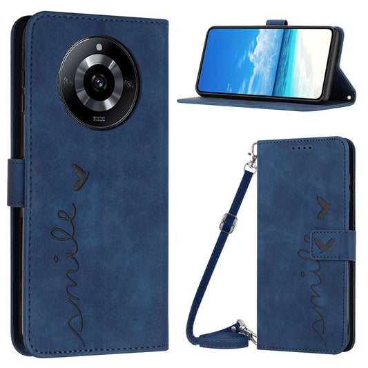 Uniqkart for Realme 11 5G Anti-scratch PU Leather Stand Case Heart Shape Wallet Phone Cover with Shoulder Strap - Sapphire