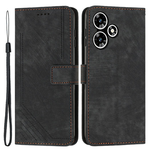 Stand Wallet for Infinix Hot 30 Skin-touch Imprinted Lines Case Phone Leather Anti-drop Cover - Black