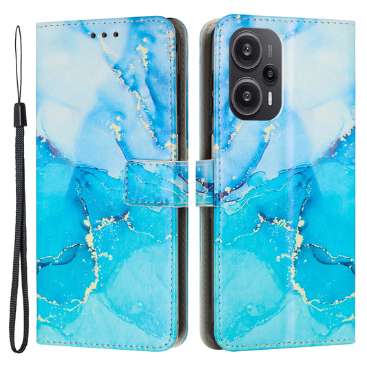 Marble Pattern Cover for Xiaomi Redmi Note 12 Turbo / Poco F5 5G , PU Leather Stand Wallet Phone Case with Wrist Strap - Blue / Green