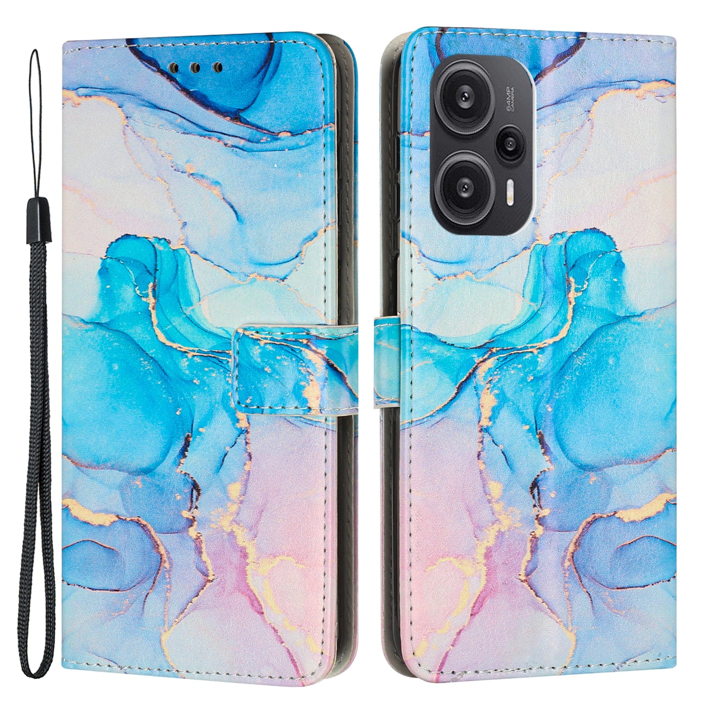 Marble Pattern Cover for Xiaomi Redmi Note 12 Turbo / Poco F5 5G , PU Leather Stand Wallet Phone Case with Wrist Strap - Pink / Green