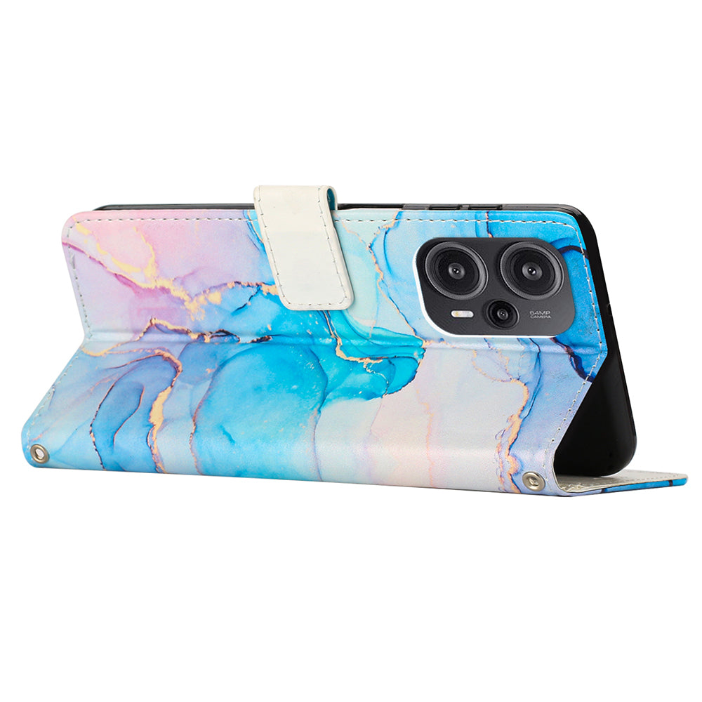 Marble Pattern Cover for Xiaomi Redmi Note 12 Turbo / Poco F5 5G , PU Leather Stand Wallet Phone Case with Wrist Strap - Pink / Green