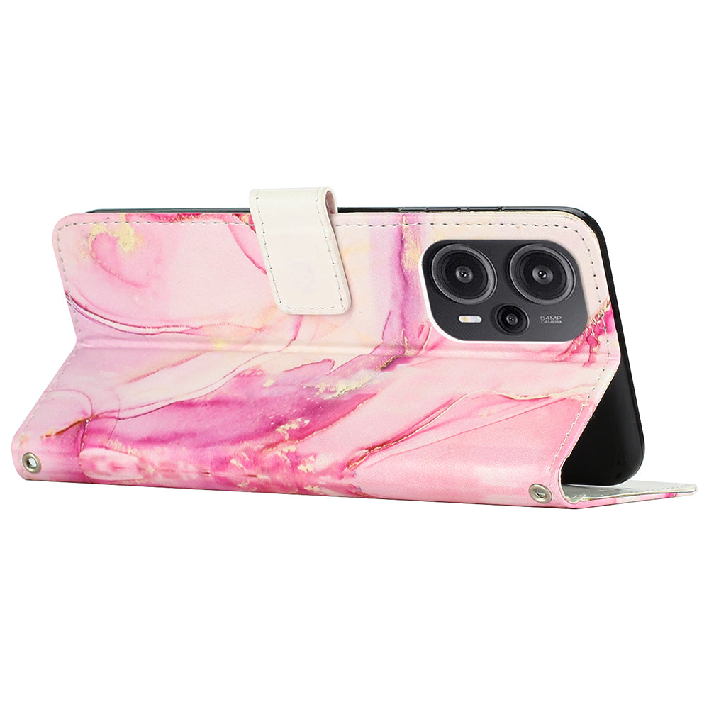 Marble Pattern Cover for Xiaomi Redmi Note 12 Turbo / Poco F5 5G , PU Leather Stand Wallet Phone Case with Wrist Strap - Rose Gold