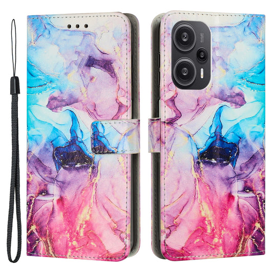 Marble Pattern Cover for Xiaomi Redmi Note 12 Turbo / Poco F5 5G , PU Leather Stand Wallet Phone Case with Wrist Strap - Pink / Purple