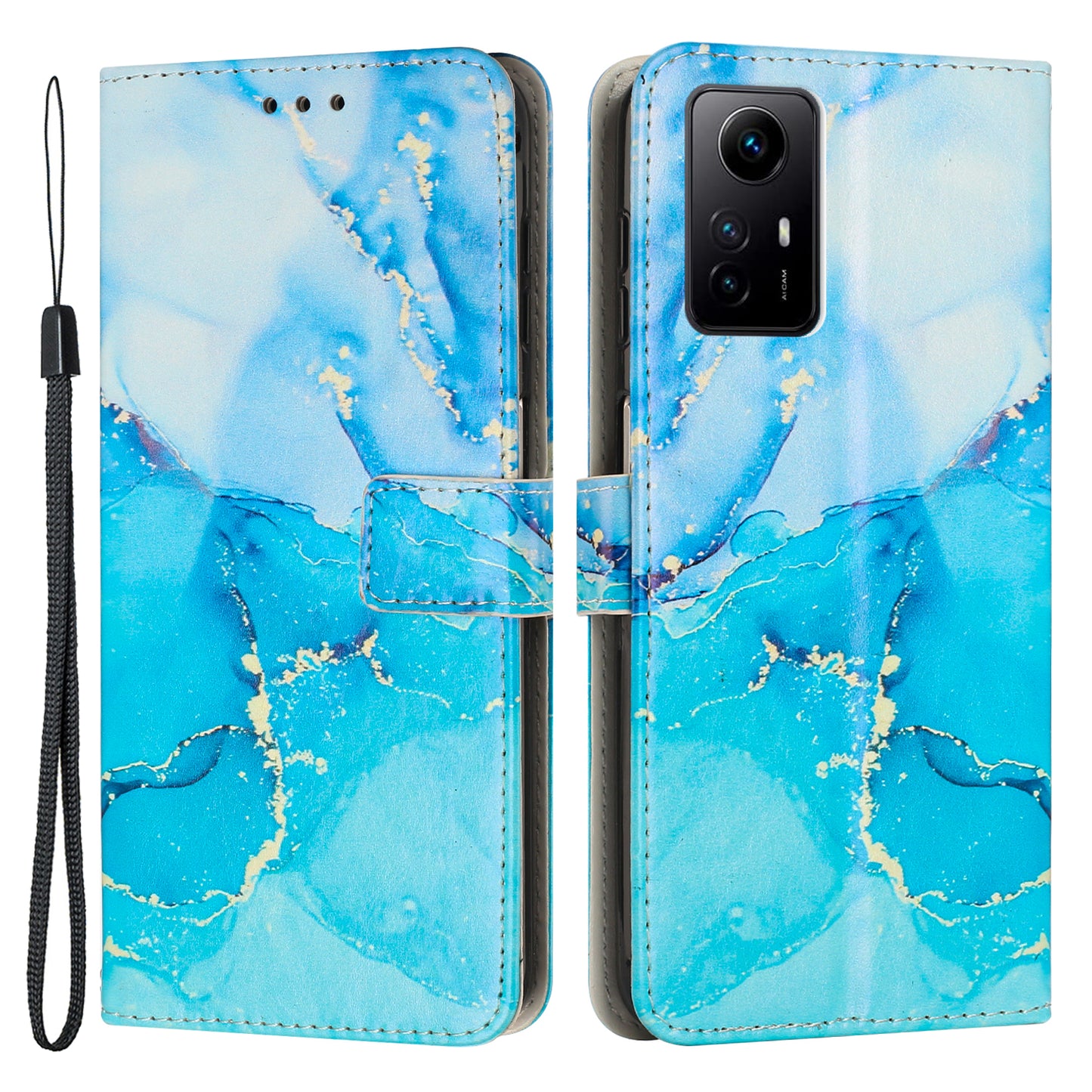 Uniqkart for Xiaomi Redmi Note 12S 4G Marble Pattern Wallet Case PU Leather Stand Phone Cover with Wrist Strap - Blue / Green