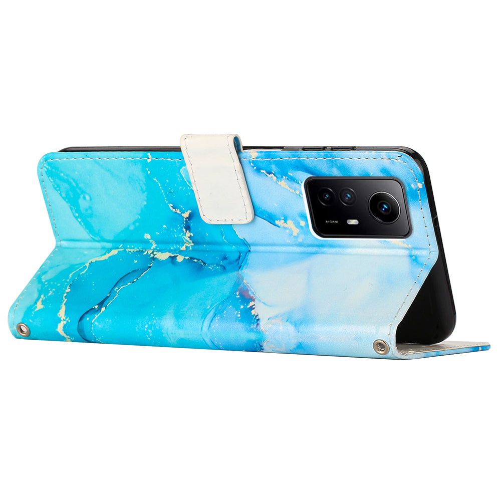 Uniqkart for Xiaomi Redmi Note 12S 4G Marble Pattern Wallet Case PU Leather Stand Phone Cover with Wrist Strap - Blue / Green