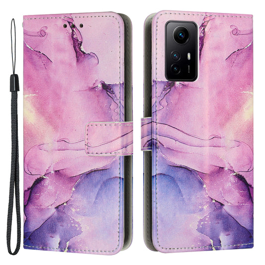 Uniqkart for Xiaomi Redmi Note 12S 4G Marble Pattern Wallet Case PU Leather Stand Phone Cover with Wrist Strap - Purple