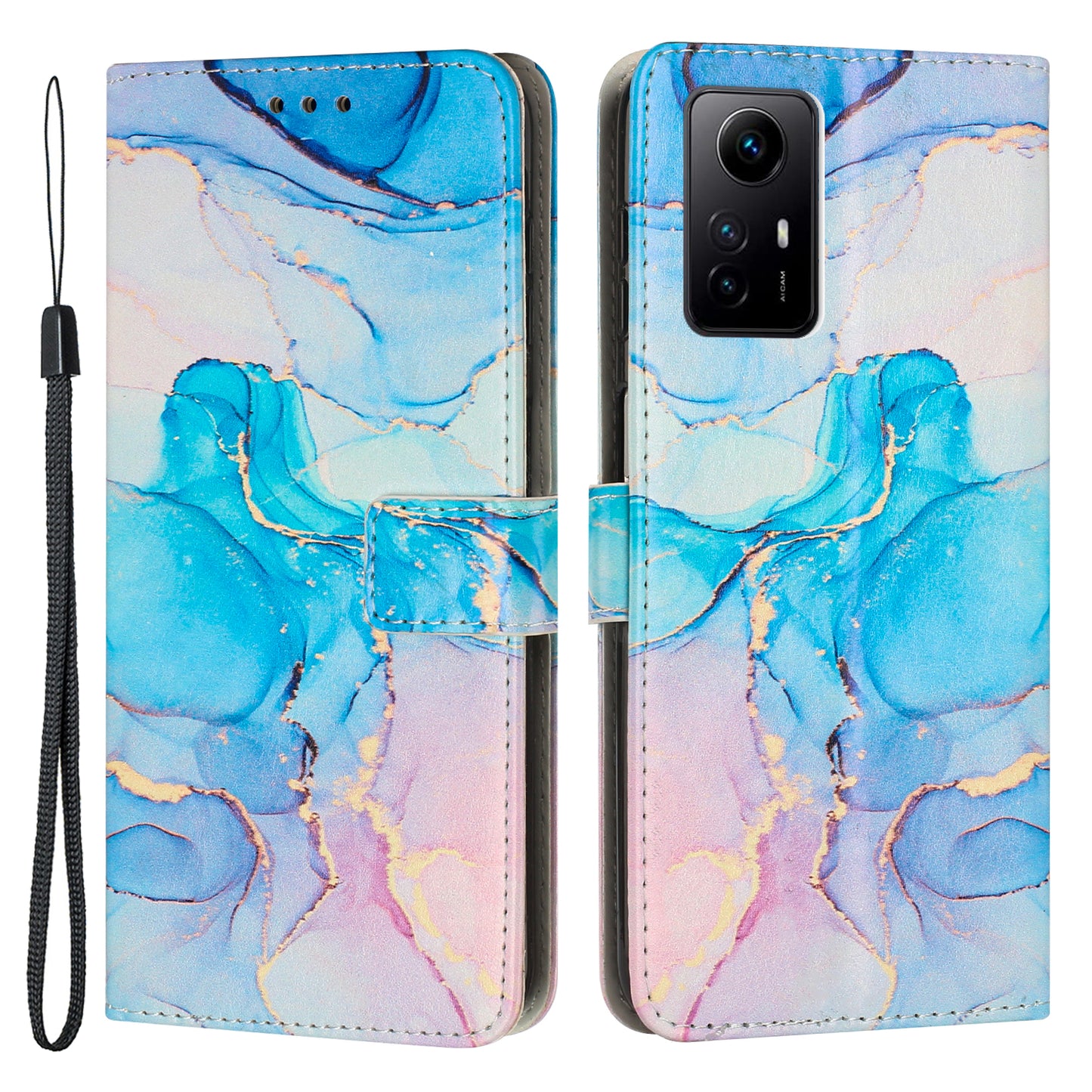 Uniqkart for Xiaomi Redmi Note 12S 4G Marble Pattern Wallet Case PU Leather Stand Phone Cover with Wrist Strap - Pink / Green