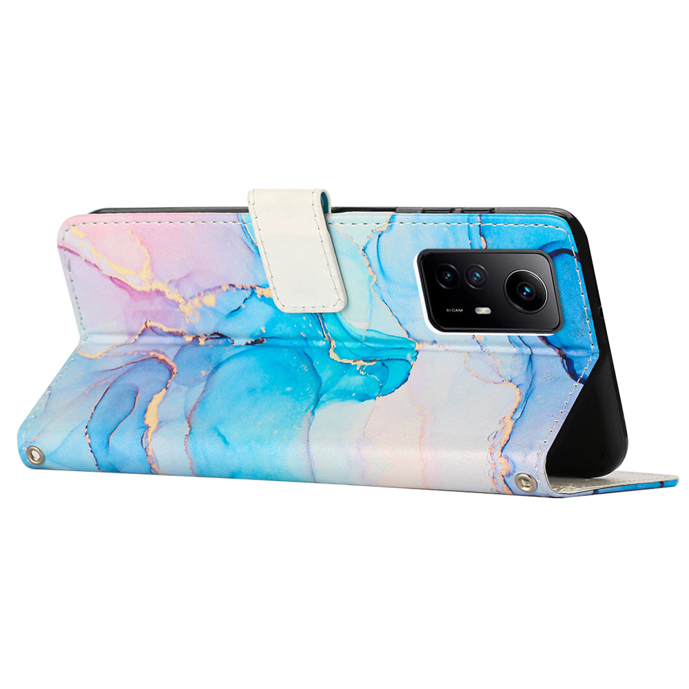 Uniqkart for Xiaomi Redmi Note 12S 4G Marble Pattern Wallet Case PU Leather Stand Phone Cover with Wrist Strap - Pink / Green
