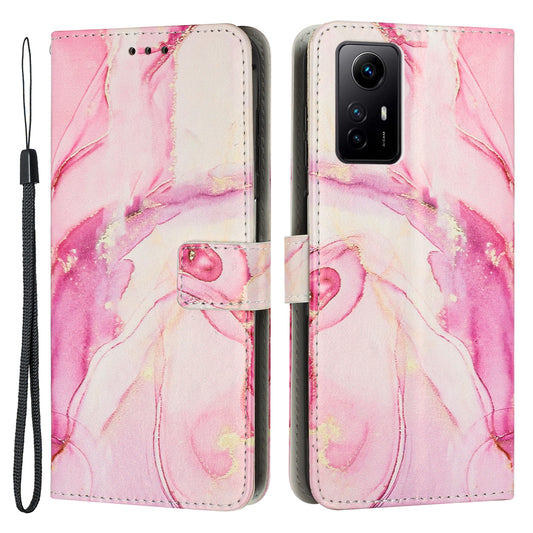 Uniqkart for Xiaomi Redmi Note 12S 4G Marble Pattern Wallet Case PU Leather Stand Phone Cover with Wrist Strap - Rose Gold