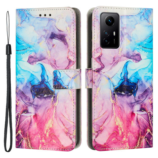 Uniqkart for Xiaomi Redmi Note 12S 4G Marble Pattern Wallet Case PU Leather Stand Phone Cover with Wrist Strap - Pink / Purple