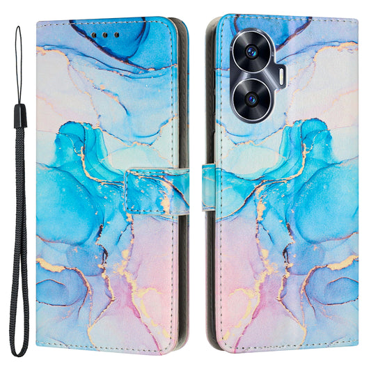 Uniqkart for Realme C55 PU Leather Marble Pattern Case Wallet Stand Flip Phone Cover with Wrist Strap - Pink / Green