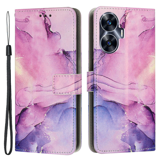 Uniqkart for Realme C55 PU Leather Marble Pattern Case Wallet Stand Flip Phone Cover with Wrist Strap - Purple
