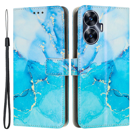 Uniqkart for Realme C55 PU Leather Marble Pattern Case Wallet Stand Flip Phone Cover with Wrist Strap - Blue / Green