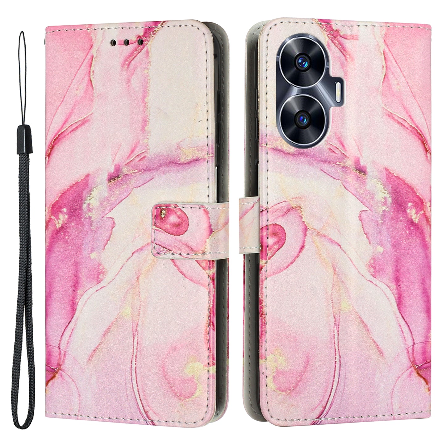 Uniqkart for Realme C55 PU Leather Marble Pattern Case Wallet Stand Flip Phone Cover with Wrist Strap - Rose Gold