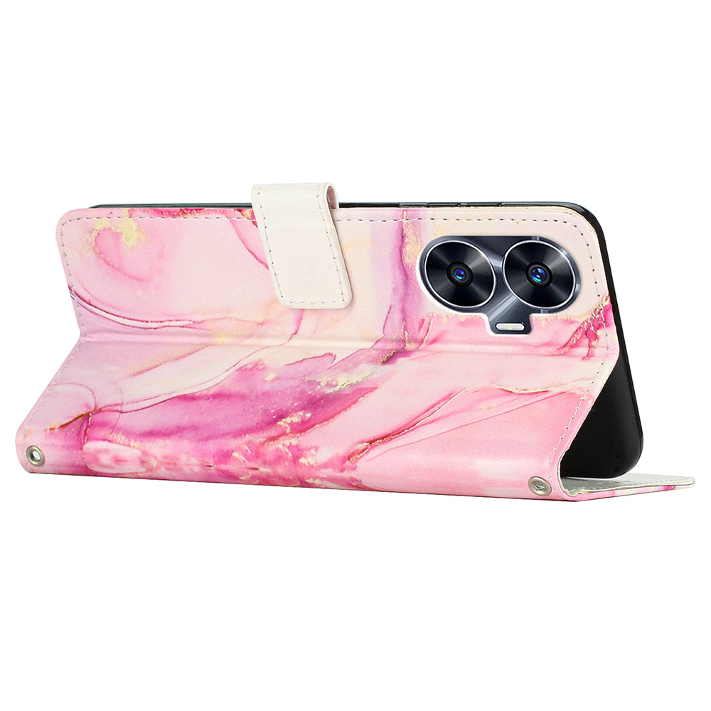 Uniqkart for Realme C55 PU Leather Marble Pattern Case Wallet Stand Flip Phone Cover with Wrist Strap - Rose Gold