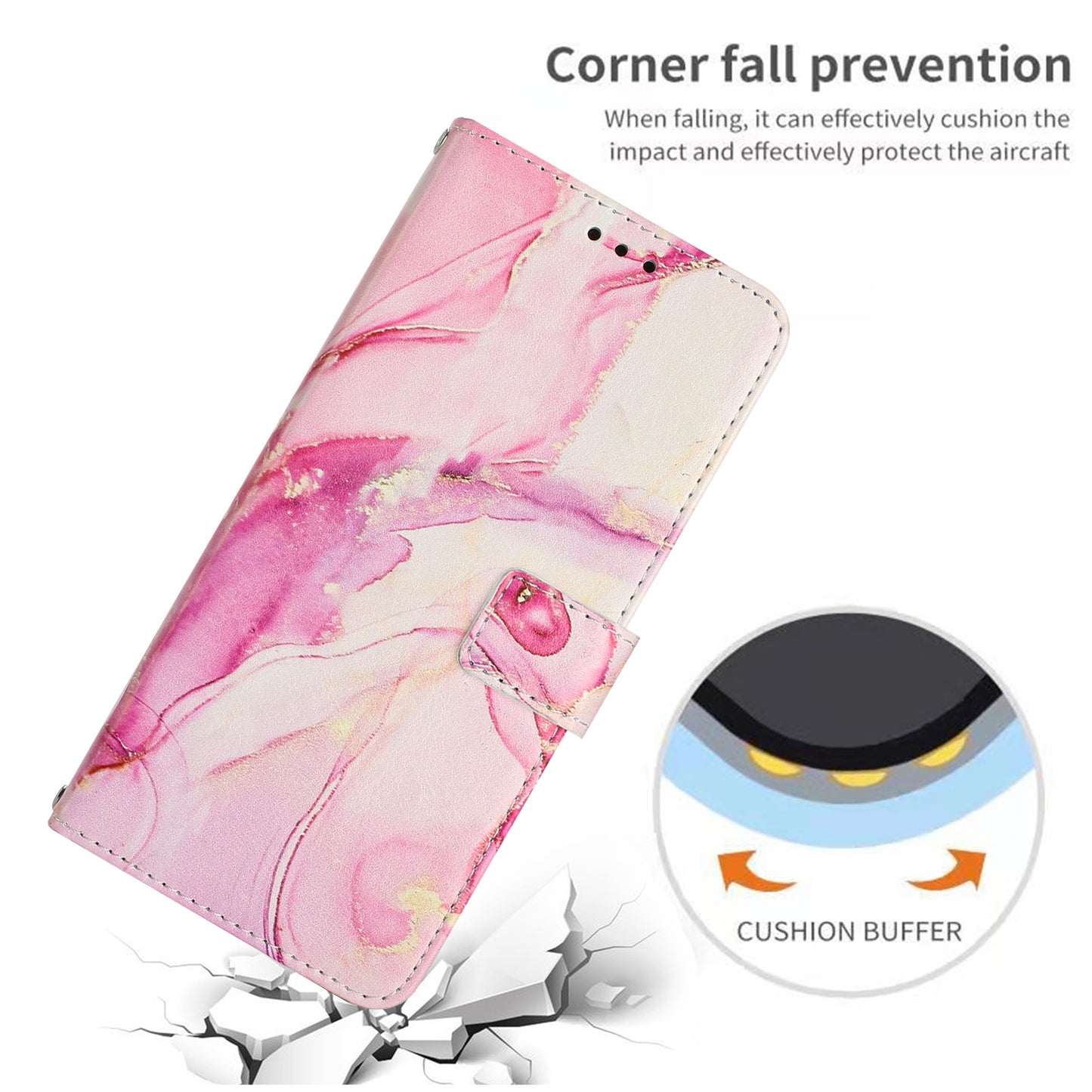 Uniqkart for Realme C55 PU Leather Marble Pattern Case Wallet Stand Flip Phone Cover with Wrist Strap - Rose Gold