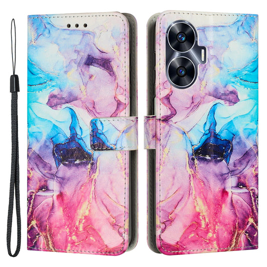 Uniqkart for Realme C55 PU Leather Marble Pattern Case Wallet Stand Flip Phone Cover with Wrist Strap - Pink / Purple