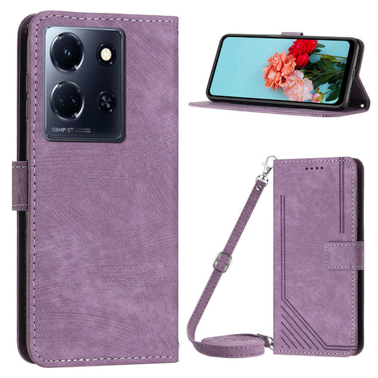 Uniqkart for Infinix Note 30 4G / Note 30 5G Phone Leather Case Lines Imprinted Stand Wallet Phone Cover with Shoulder Strap - Purple