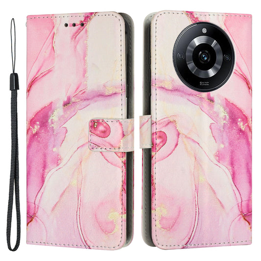 Marble Pattern Leather Cover for Realme 11 5G , Flip Stand Wallet Phone Case with Wrist Strap - Rose Gold
